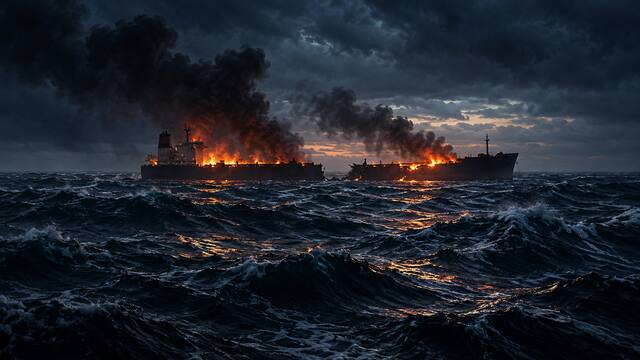 AI-generated editorial illustration of a tanker split in two and burning at night in the North Atlantic.