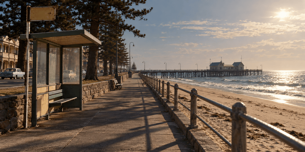 AI-generated illustration of an empty 1960s seaside bus stop and beach; not an archival image of Glenelg or the Beaumont children.
