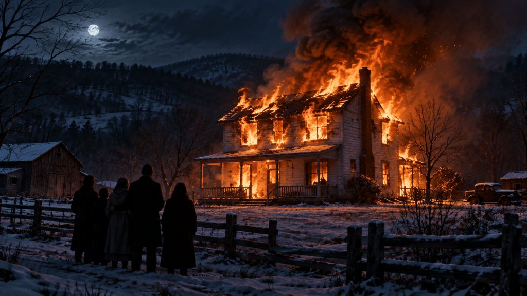 AI illustration of a 1940s family watching a two-storey house burn on a winter night; not a historical photograph.