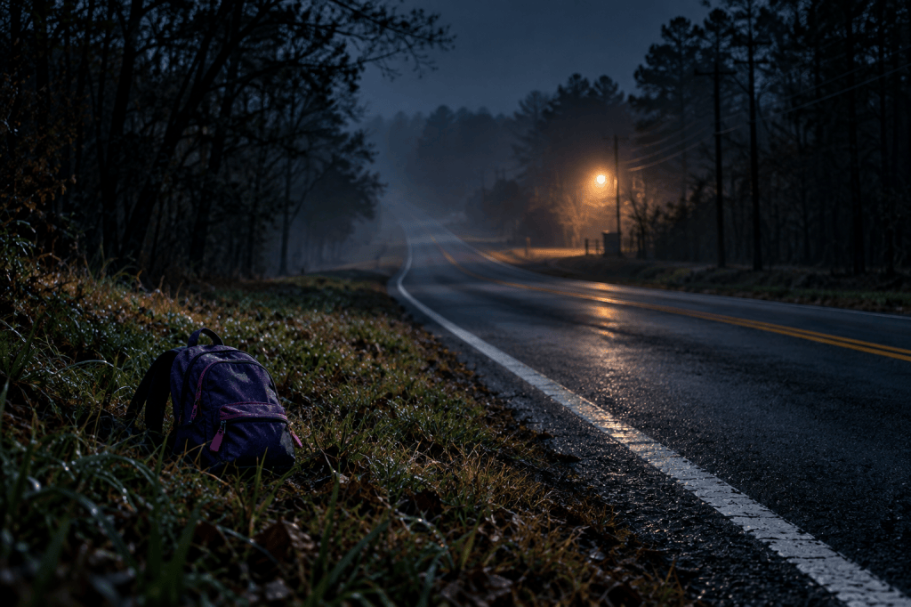 AI-generated illustration of an empty rural North Carolina highway at night with a small backpack on the shoulder; not a photograph of Asha Degree or the actual location.