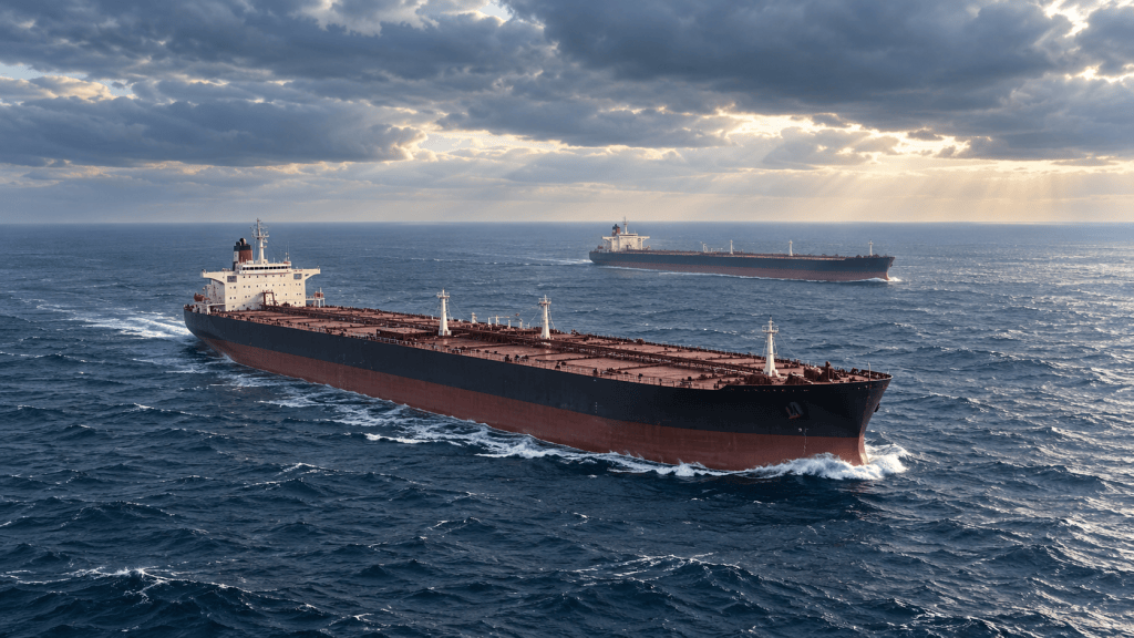 AI illustration of two large ore-and-oil carriers at sea under a cloudy sky; not a historical photograph.