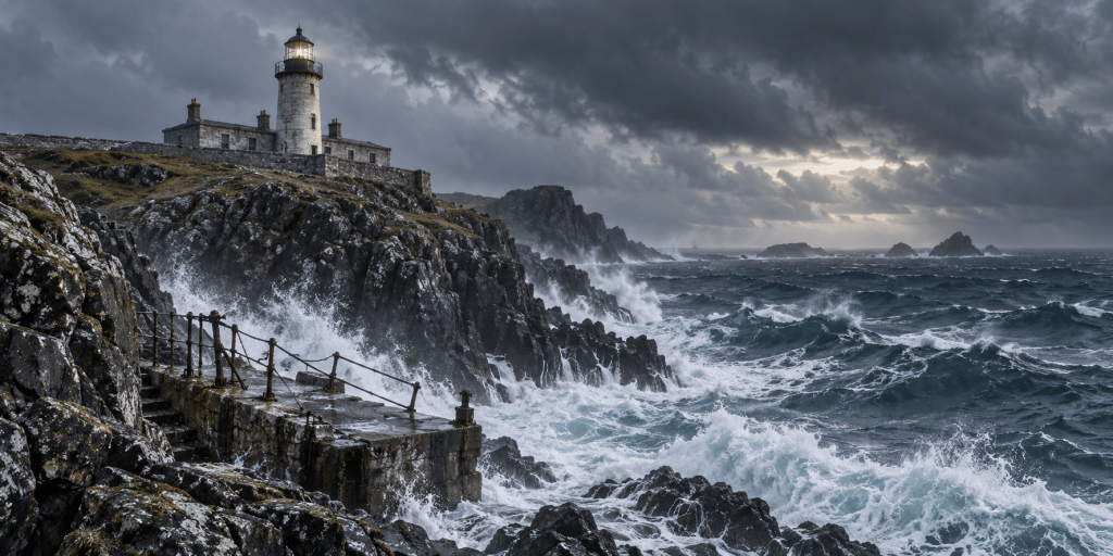 AI-generated illustration of a lighthouse and storm-damaged landing on a rocky Scottish island; not an archival view of the Flannan Isles.