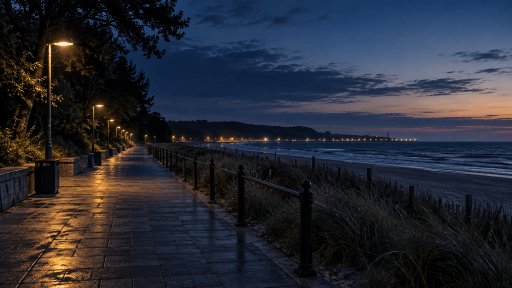 AI-generated illustration of an empty Baltic seaside path at dawn; not a photograph of Iwona Wieczorek or the 2010 location.