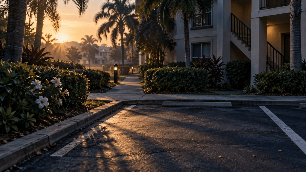 AI-generated illustration of an empty Florida apartment parking area at dawn; not a photograph of Jennifer Kesse, her car or the actual scene.