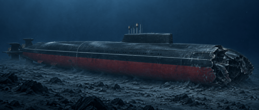 AI editorial illustration of the Kursk submarine on the Barents Sea floor, based on a museum model; not a historical photograph.