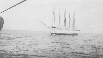 U.S. Coast Guard archival photograph of Carroll A. Deering seen from the Cape Lookout lightship in late January 1921.