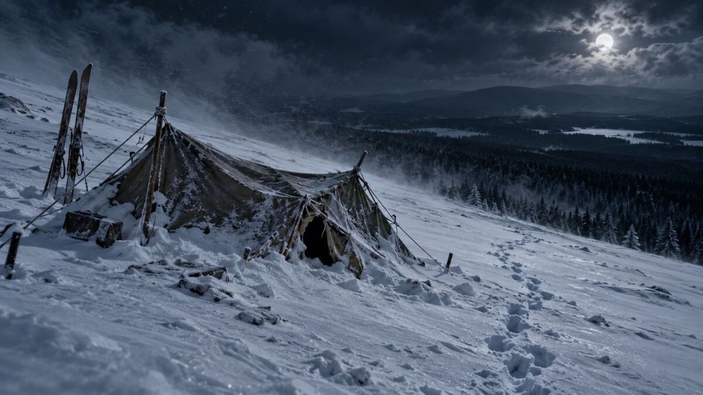 A damaged expedition tent and footprints on a snowy mountain slope at night, inspired by the Dyatlov Pass incident