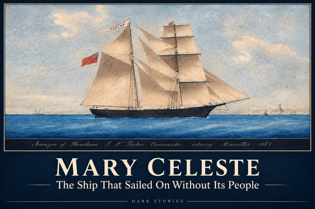 Mary Celeste title card based on an 1861 painting of the brigantine Amazon. AI-assisted adaptation of public-domain artwork.