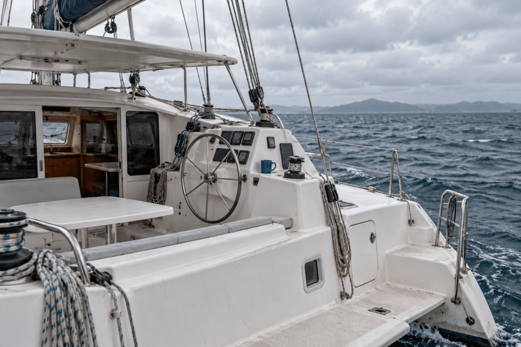 AI-generated editorial illustration of an empty sailing-catamaran cockpit with a blue mug; not a photograph of Kaz II.