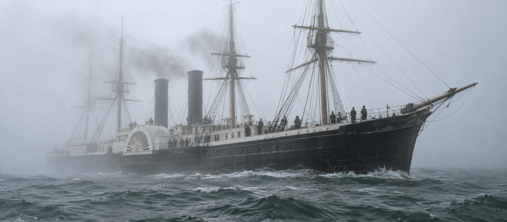 AI-generated historical reconstruction of SS Arctic, a wooden sidewheel steamship in fog off Newfoundland; not an archival photograph.
