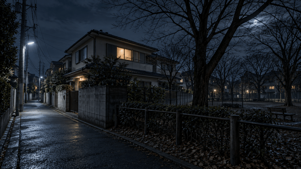AI-generated illustration of a quiet Japanese house beside a winter park at night; not the actual Miyazawa home.