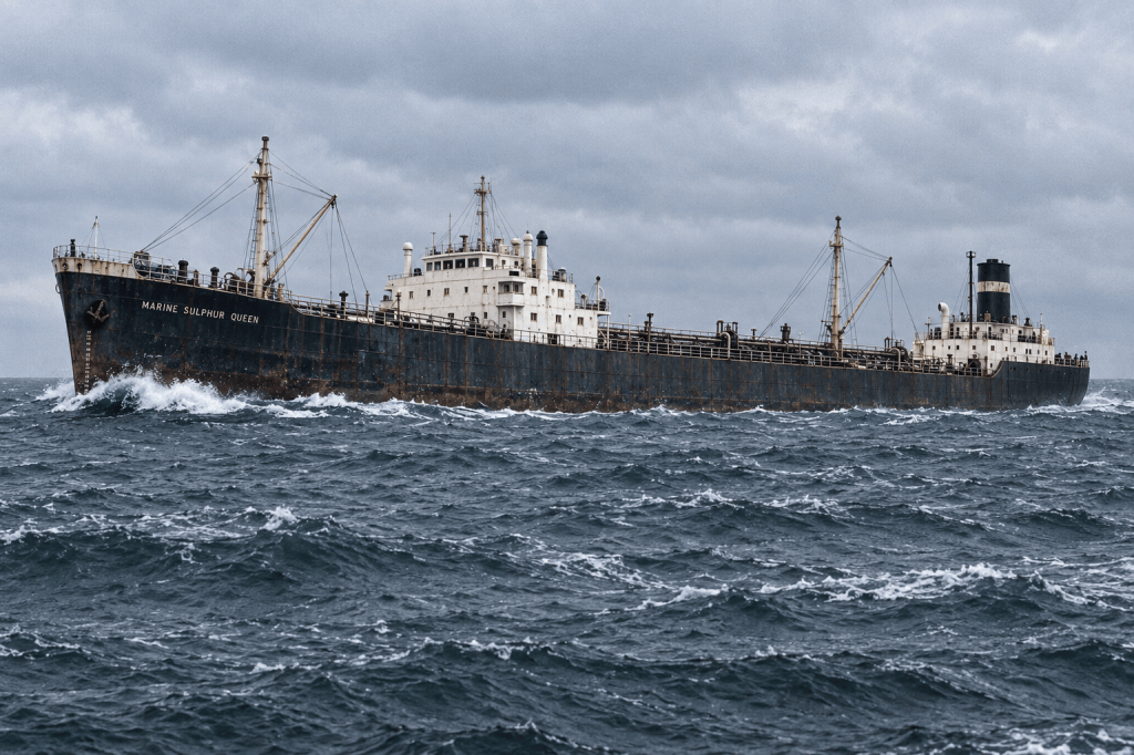 AI historical illustration of a T2 tanker representing Marine Sulphur Queen underway in overcast daylight; not an archive photograph.