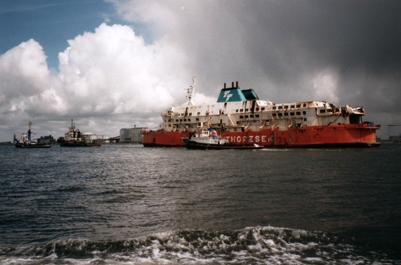 Herald of Free Enterprise being towed into Vlissingen after salvage in May 1987.