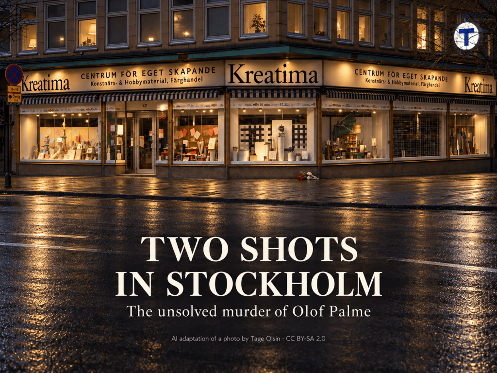 AI adaptation of the actual Sveavägen–Tunnelgatan storefront at night, with memorial flowers and the complete title Two Shots in Stockholm