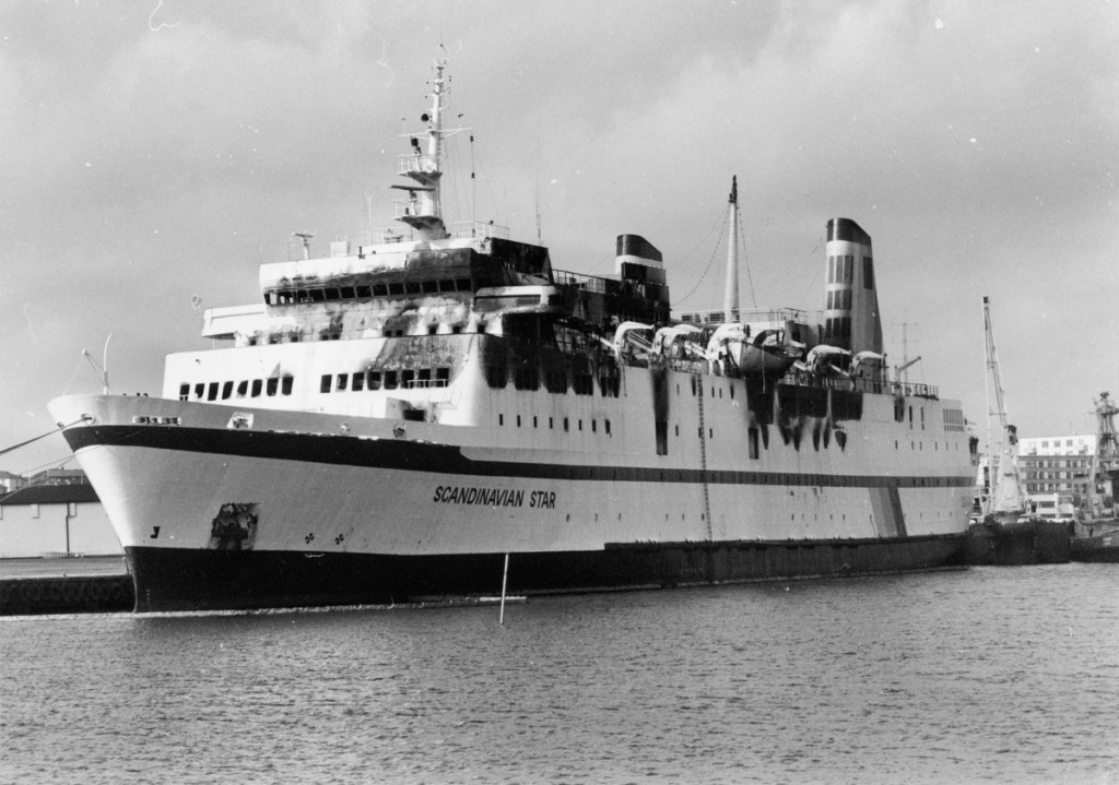 Scandinavian Star moored at Lysekil after the fatal fire, April 1990.