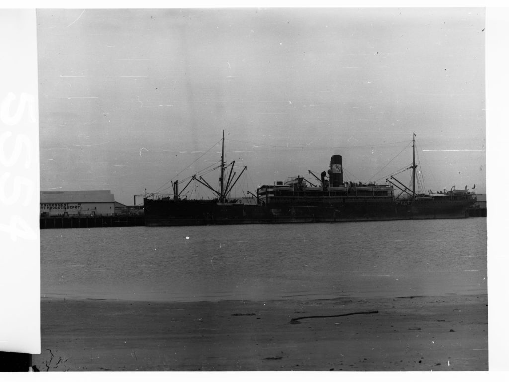 Historical photograph of SS Waratah moored at Port Adelaide, viewed from across the water.